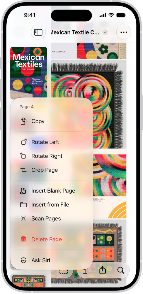 A PDF catalog with thumbnails on the left. The last thumbnail is highlighted, and above it is a menu with Copy, Rotate Left, Rotate Right, Crop Page, Insert Blank Page, Insert from File, Scan Pages, and Delete Page options.