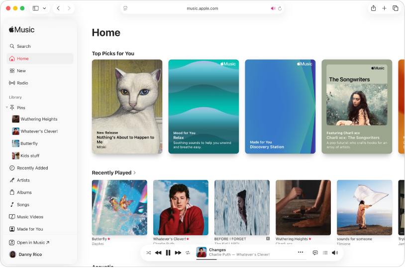 The Apple Music window in Safari showing the Home screen.