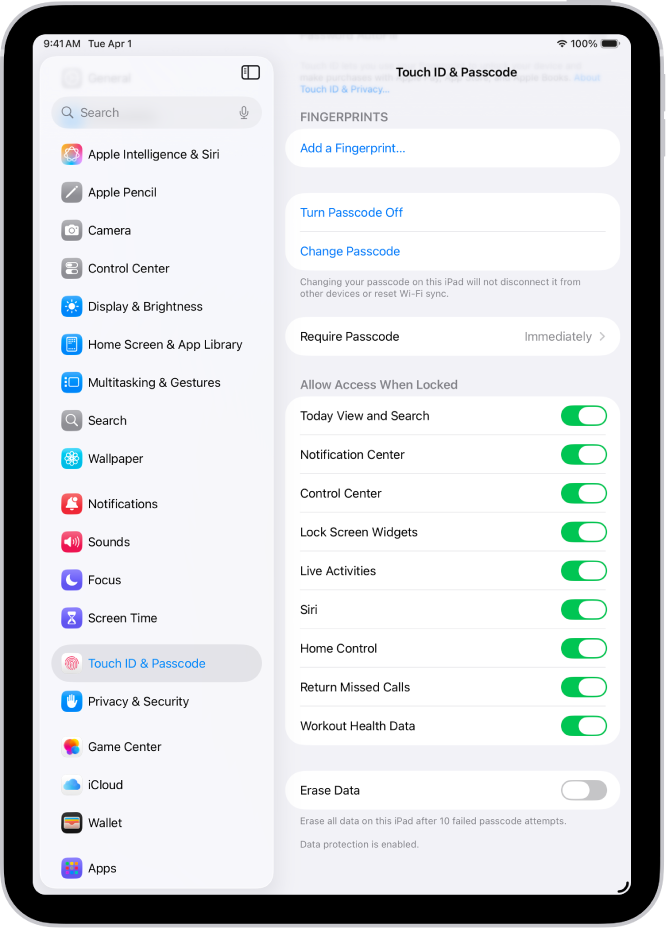 Face&nbsp;ID &&nbsp;Passcode settings, with options for allowing access to specific features when iPad is locked.