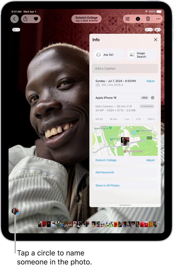 The iPad screen shows a photo open in the Photos app. In the bottom-left corner of the photo is a thumbnail of the person who appears in the photo.