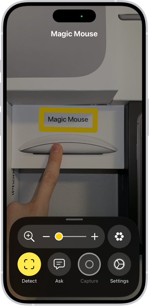 The Magnifier app detecting a finger pointing at text on a wall.