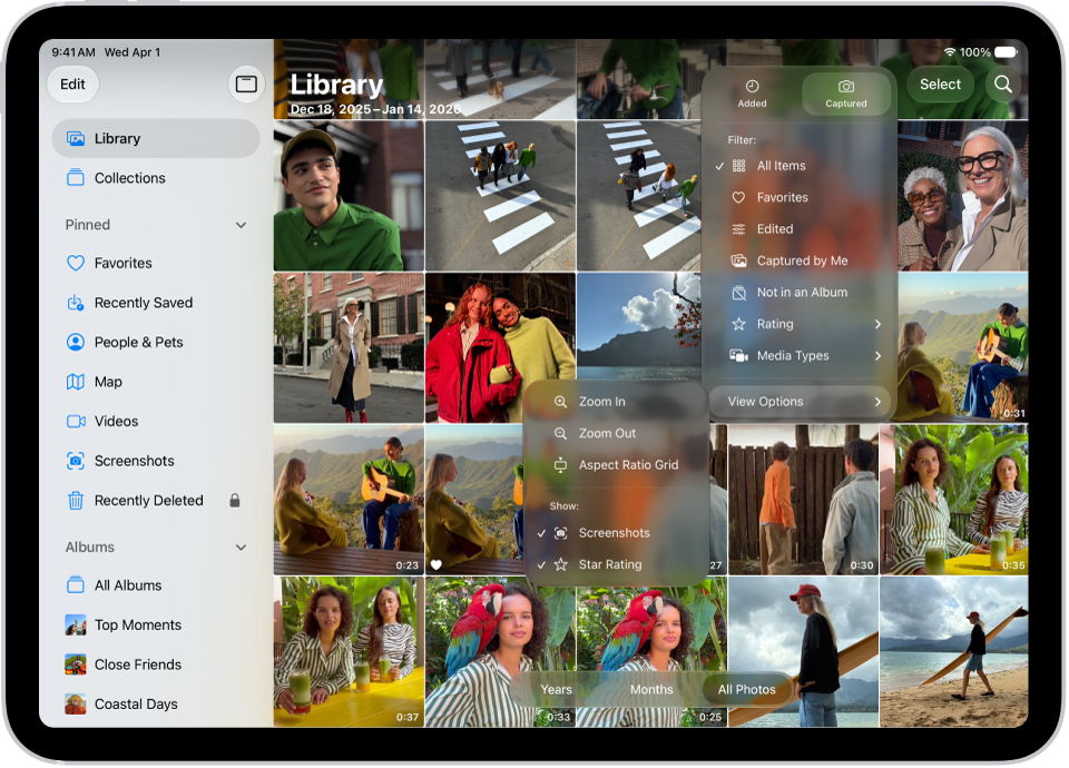 The Photos app is in open and the Library tab is selected in the sidebar. The Sort and Filter button at the top of the screen is selected, showing Sort and Filter options for viewing the library contents.