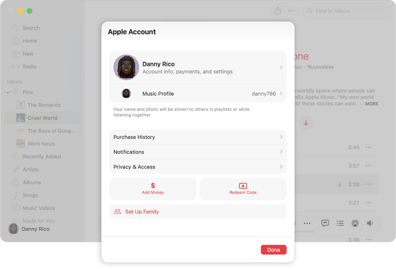 The Account dialog in Apple Music, showing the option to Set Up Family.