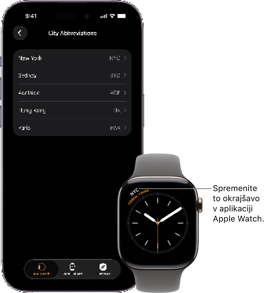 iPhone in ura Apple&nbsp;Watch drug ob drugem. Zaslon ure Apple&nbsp;Watch prikazuje čas v New Yorku z okrajšavo NYC. Zaslon iPhone prikazuje seznam mest v nastavitvah Ura v aplikaciji Apple&nbsp;Watch.