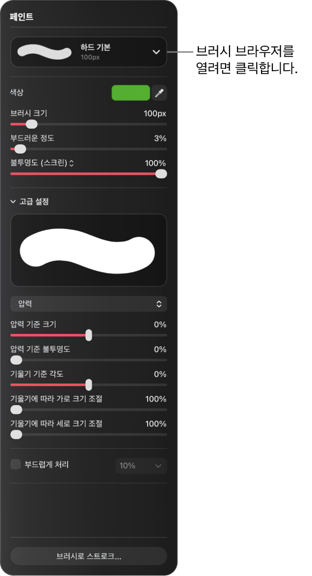 브러시 크기, 부드러운 정도, 불투명도 등을 제어하는 페인트 패널.