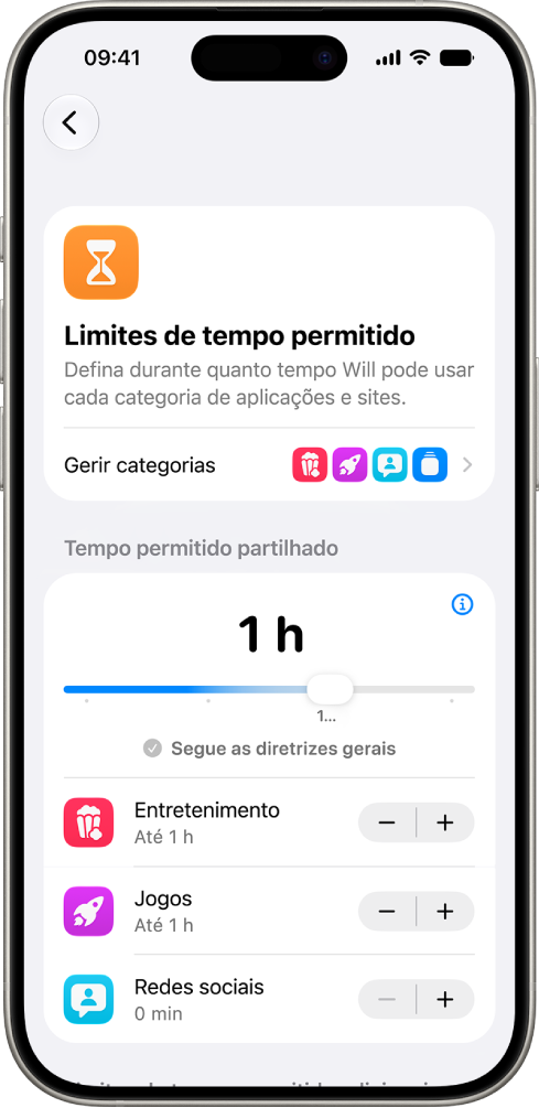 O ecrã “Limites de tempo” nas definições de Tempo de ecrã mostra a quantidade de tempo permitida para “Entretenimento”, “Jogos” e “Redes sociais”.