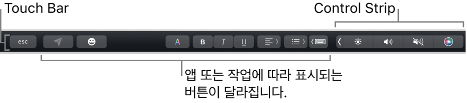 키보드 상단에 펼쳐진 Touch&nbsp;Bar와 오른쪽에 축소되어 표시된 Control&nbsp;Strip, 앱 또는 작업별로 달라지는 버튼.