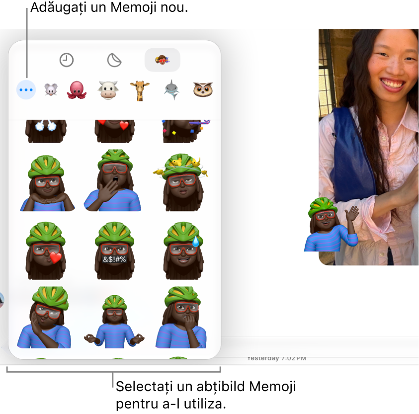 Fereastra Mesaje afișând opțiunile Memoji și un abțibild Memoji pe un mesaj.