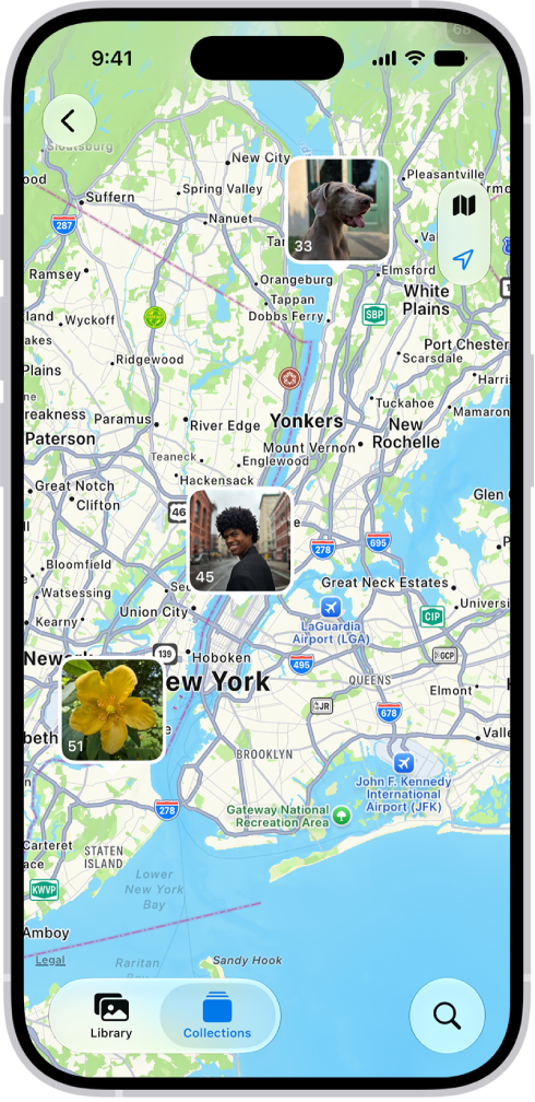 The Map view is open in the Photos app, with locations highlighted. The number of photos taken in each location is listed.