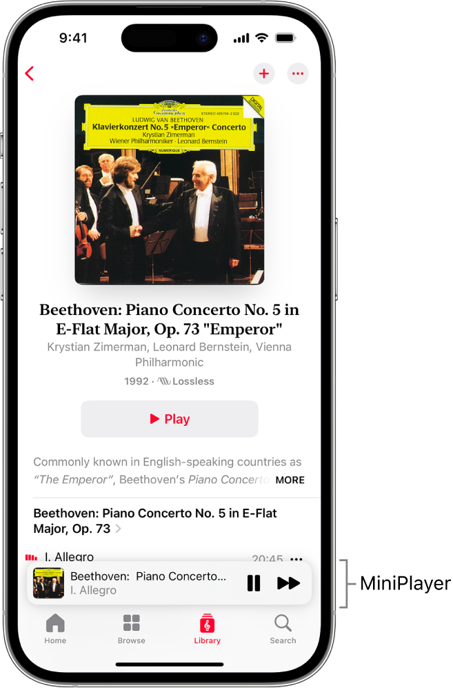 Một iPhone đang hiển thị MiniPlayer trong Apple Music Classical. Ở đầu màn hình là một hình minh họa album, tên của tác phẩm và nút Play. MiniPlayer ở gần cuối màn hình. Bên dưới MiniPlayer là các nút Home, Browse, Library và Search.