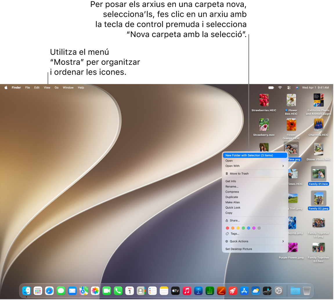 L’escriptori del Mac mostra el fons de pantalla, la barra de menús a la part superior i el Dock a la
