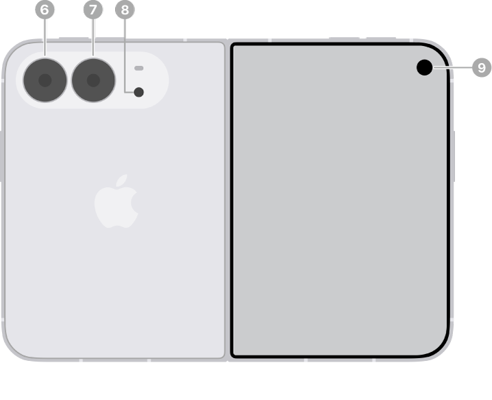 iPhone&nbsp;Duo құрылғысының сыртқы көрінісі. Fusion Ultra Wide камерасы, Fusion негізгі камерасы және жарқыл жоғарғы сол жақта орналасқан. Center Stage алдыңғы камерасы сыртқы дисплейдің жоғарғы оң жағында орналасқан.