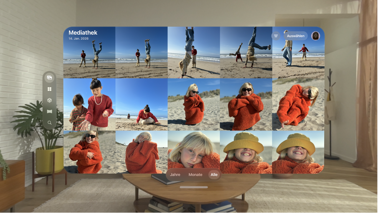 Die Mediathek „Fotos“ auf der Apple&nbsp;Vision&nbsp;Pro mit Fotos in einem Raster.