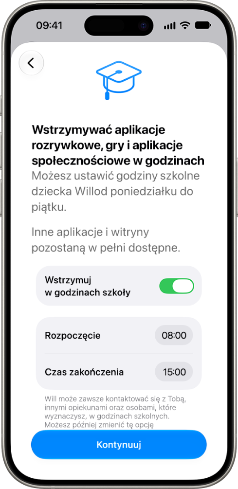 Ekran konfiguracji nadzoru rodzicielskiego pokazujący godziny, w&nbsp;których należy wstrzymać używanie urządzenia w&nbsp;godzinach szkolnych.