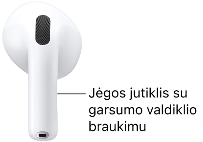 Jėgos jutiklio su garsumo valdiklio braukimu vieta ant kiekvienos iš „AirPods“ kojelių, naudojant „AirPods&nbsp;5“ su belaidžiu įkrovimo dėklu.