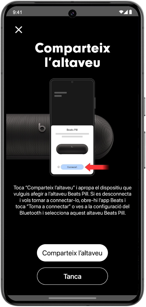 Pantalla “Comparteix el teu altaveu” de l’app Beats que mostra els botons “Comparteix l’altaveu” i “Tanca”.