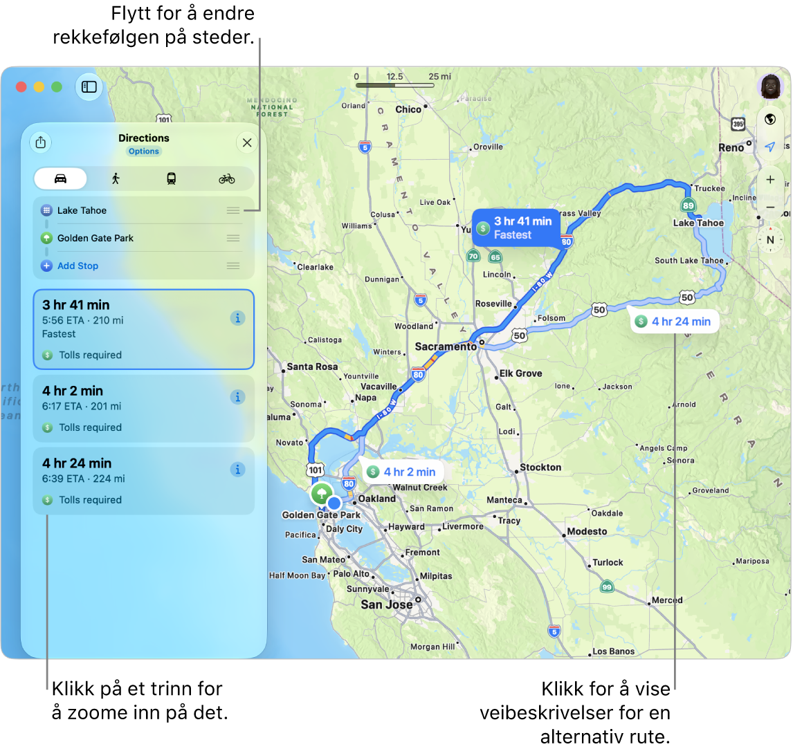 Et kart med en kjørerute mellom to steder i California. Alternative ruter vises også på kartet.