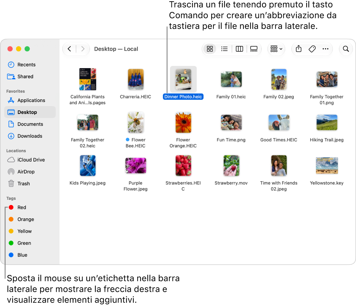 Alla destra di Posizioni, nella barra laterale del Finder, è presente una freccia su cui fare clic per mostrare elementi aggiuntivi. Nella finestra del Finder sulla destra, c’è un file selezionato e una scorciatoia al file nella barra laterale, sotto Preferiti.