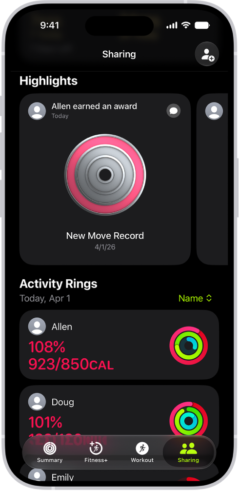 The Fitness Sharing screen, with activity rings and activity highlights shared between a person and their friends.