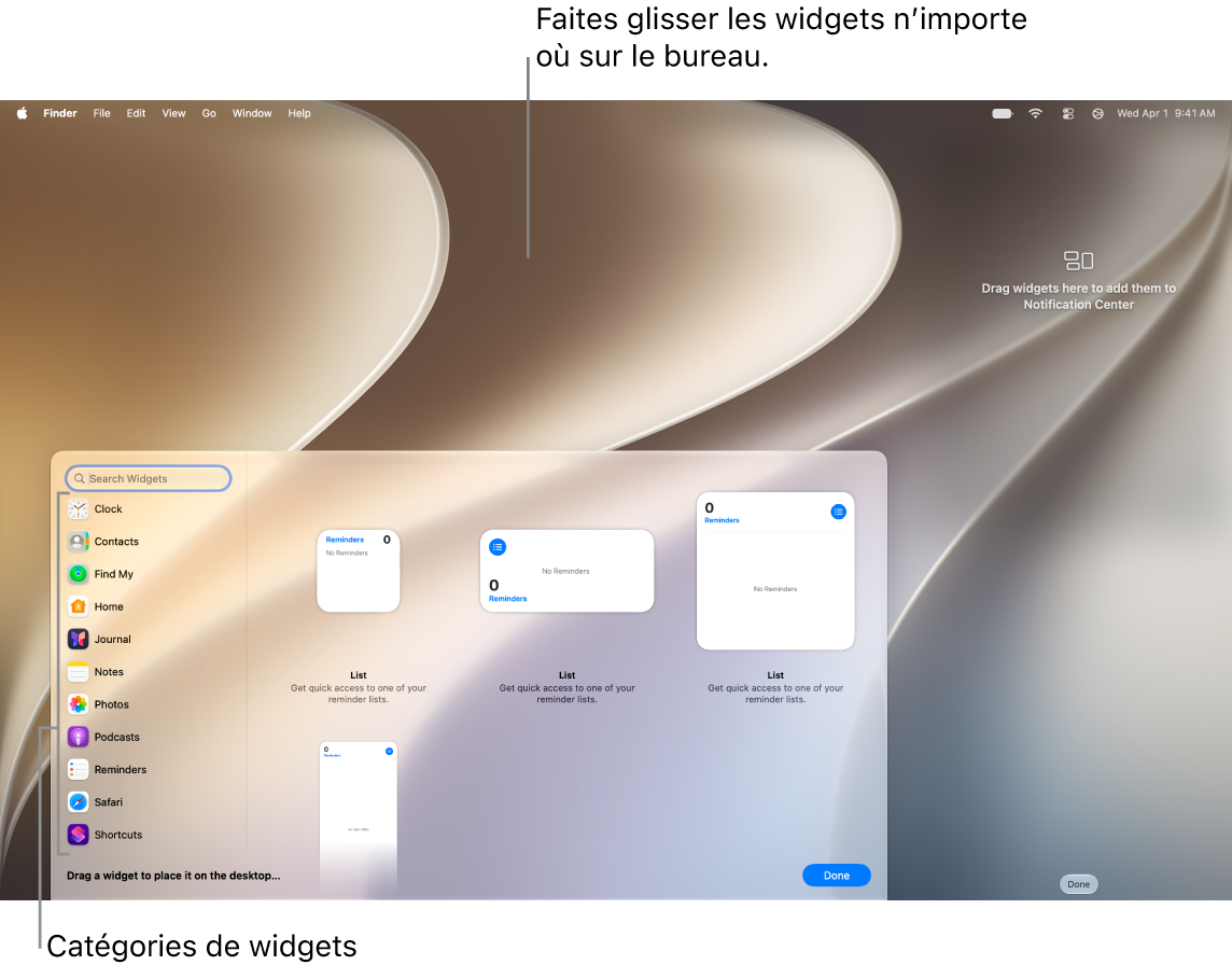 La galerie de widgets qui affiche la liste de catégories de widgets à gauche et les widgets disponibles à droite.