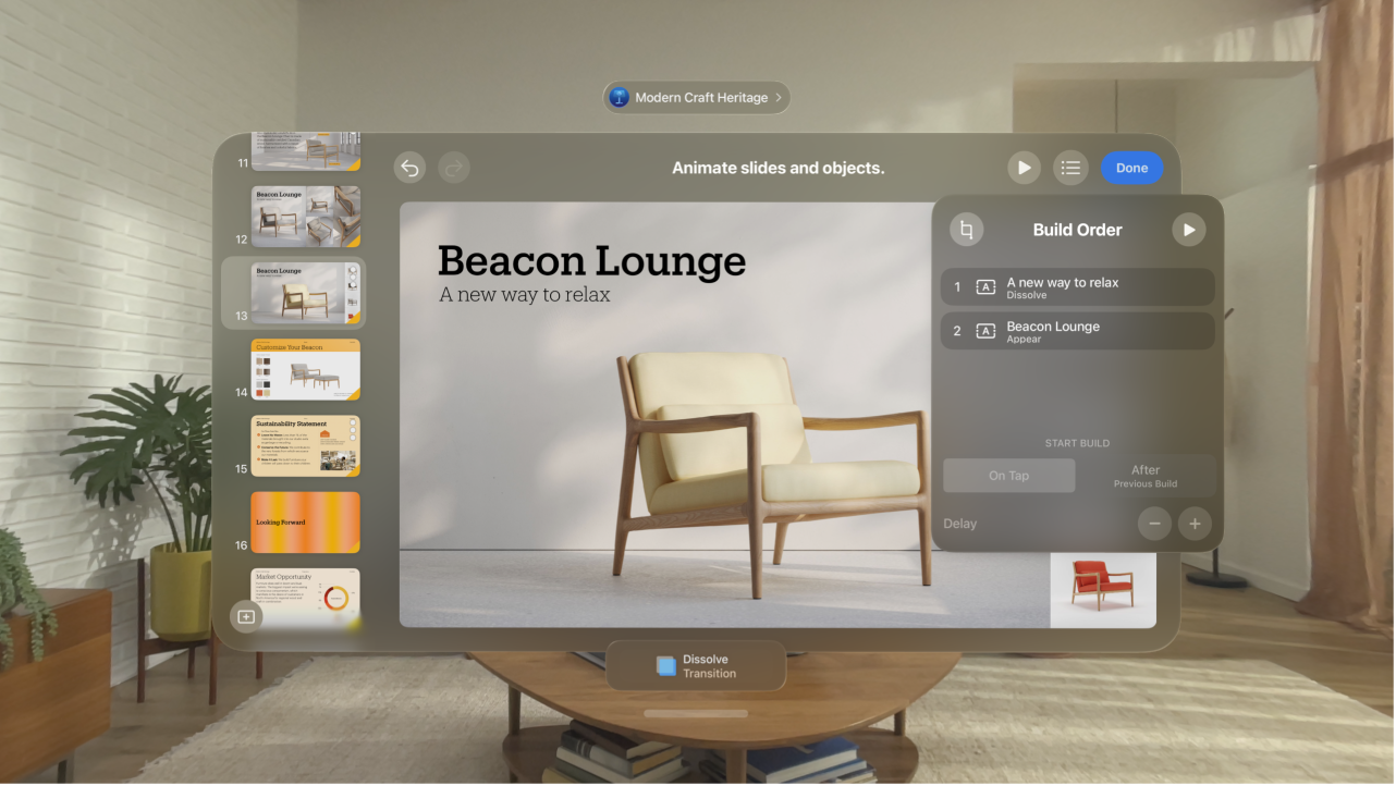 The Keynote app on Apple&nbsp;Vision&nbsp;Pro, showing the build order settings for the current slide.