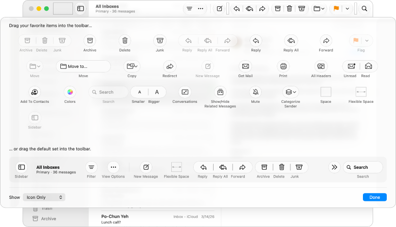 The menu to drag and drop items into the Mail toolbar.