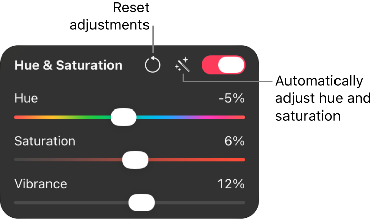 Hue & Saturation controls in the Color Adjustments pane.
