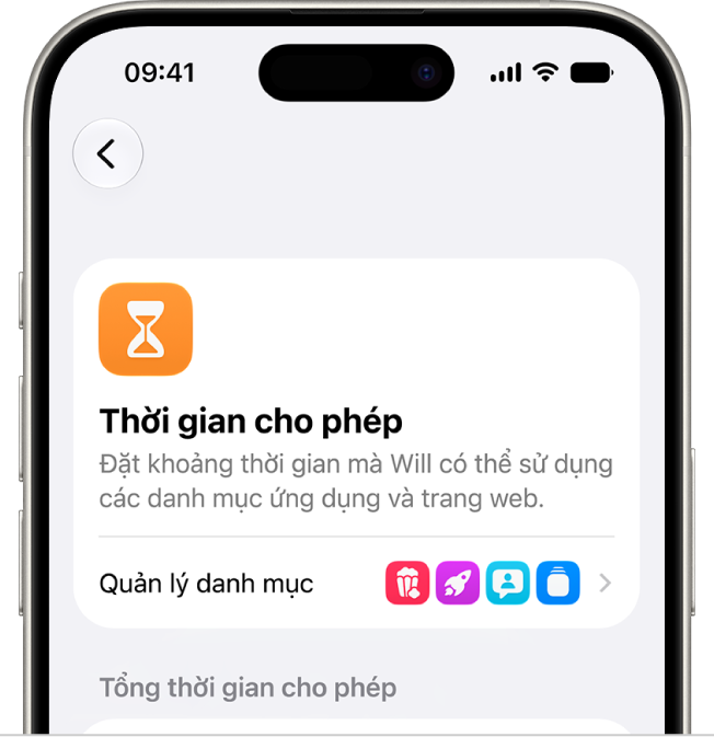 Khung cài đặt Thời gian cho phép trong Thời gian sử dụng.