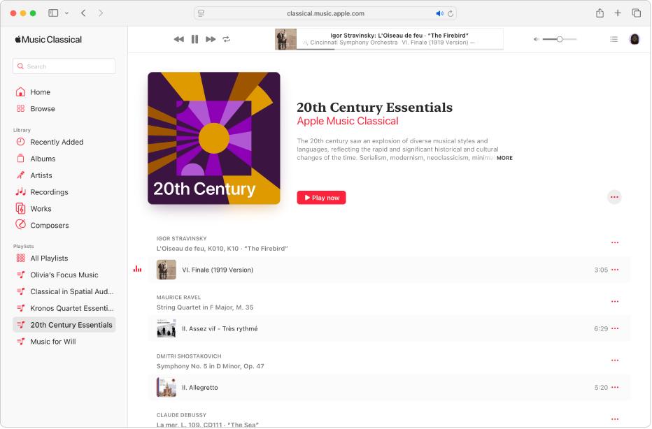 The Apple Music Classical window in Safari with a playlist showing multiple works and a track playing at the top of the screen.
