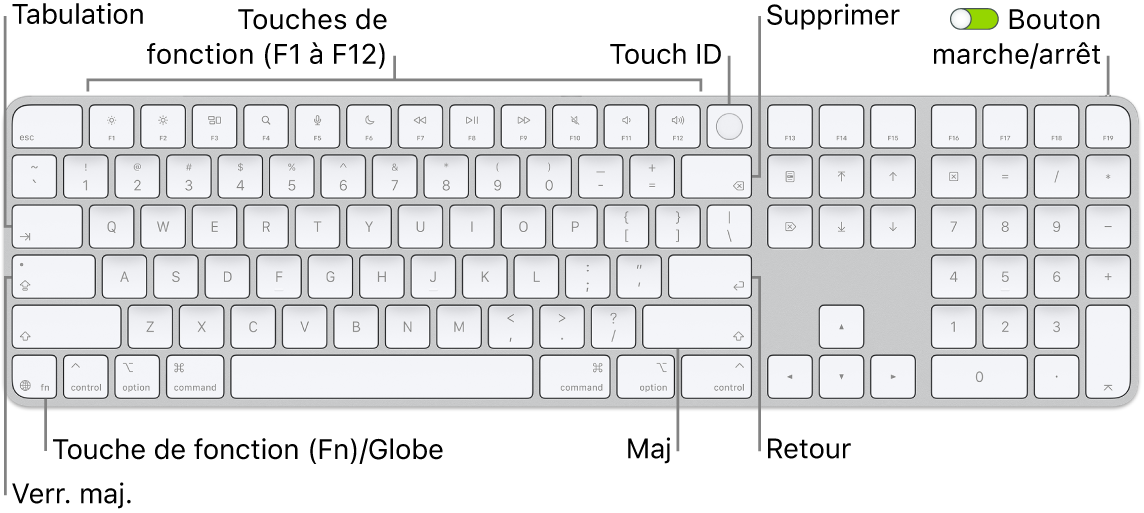 Le Magic&nbsp;Keyboard avec Touch&nbsp;ID et pavé numérique avec le rang des touches de fonction et le capteur Touch&nbsp;ID en haut, ainsi que la touche Fonction (Fn)/Globe à droite de la touche Supprimer.