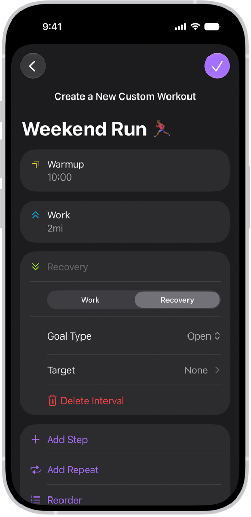 The Fitness Custom Workout screen showing warmup, work, and recovery intervals. At the bottom of the screen are buttons to add a step, repeat an interval, and reorder intervals.