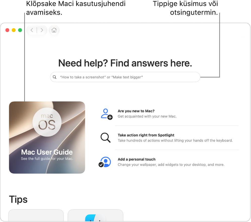 Rakenduse Tips Landing-lehel on Mac User Guide, otsinguväli ning soovitatud teemad.
