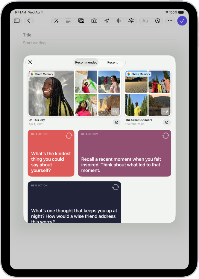 A screen in the Journal app showing Journaling Suggestions.