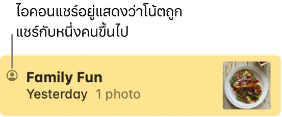 โน้ตที่มีการแชร์กับคนอื่น โดยมีไอคอนแชร์อยู่ทางด้านซ้ายของชื่อโน้ต