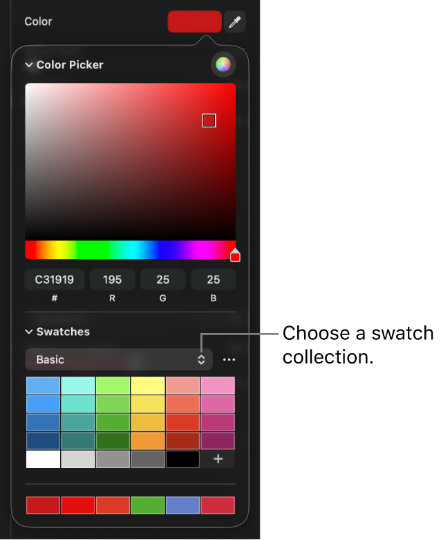 The color picker, with the swatch collection pop-up menu.