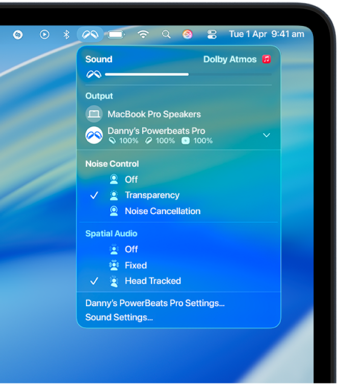 The Beats icon selected in the menu bar on Mac. A menu shows Powerbeats&nbsp;Pro&nbsp;2 with Transparency and Head Tracked Spatial Audio on.