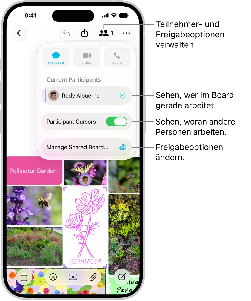 Ein geteiltes Freeform-Board auf dem iPhone mit dem geöffneten Menü zum Zusammenarbeiten.