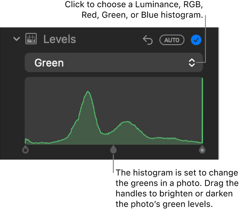 The Levels controls in the Adjust pane, showing the Red histogram with handles below for adjusting the photo’s red levels.