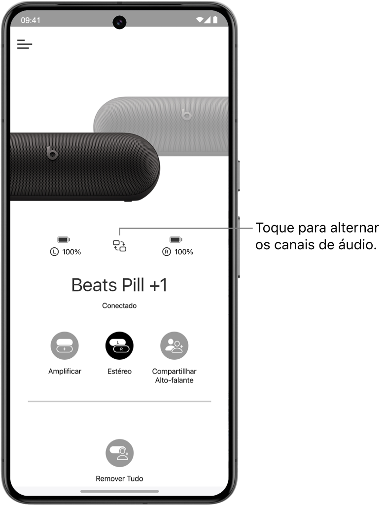 A tela de dispositivo do app Beats mostrando dois alto‑falantes Beats Pill conectados em um grupo Estéreo e o botão para alterar os canais de áudio.