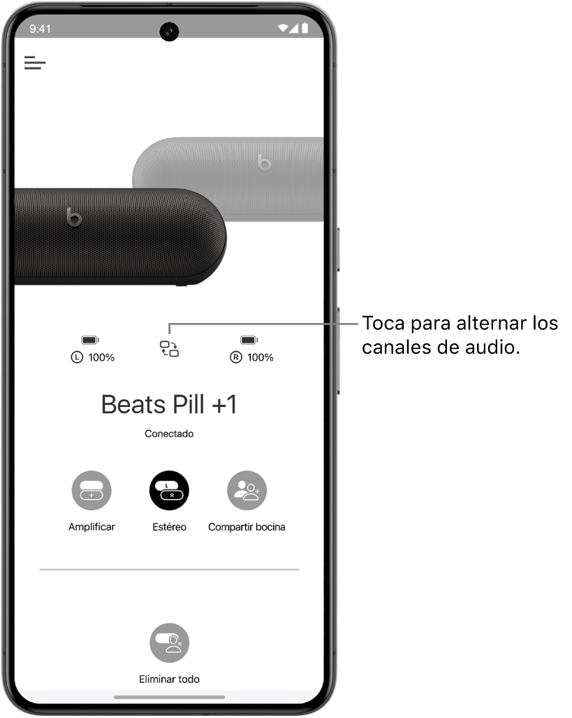 La pantalla del dispositivo de la app Beats mostrando dos bocinas Beats&nbsp;Pill conectadas en modo estéreo, y el botón para alternar los canales de audio.