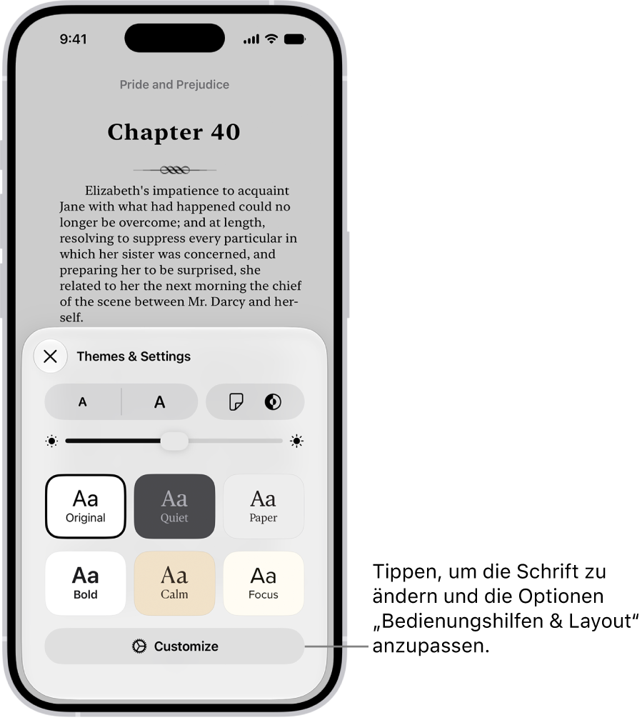 Eine Buchseite in der App „Bücher“. Die Optionen „Themen & Einstellungen“ mit Steuerelementen für Schriftgröße, Scrollansicht, Stil zum Umblättern, Helligkeit sowie Schriftoptionen