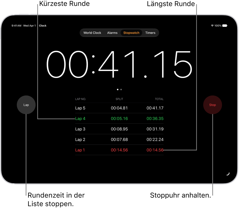 Eine Stoppuhr in der App „Uhr“ zeigt die insgesamt verstrichene Zeit für ein Ereignis an und darunter sind mehrere Runden innerhalb dieses Ereignisses aufgelistet.