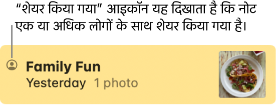 नोट के नाम के बाईं ओर शेयर किए गए आइकॉन के साथ, एक नोट जिसे दूसरों के साथ शेयर किया गया है।