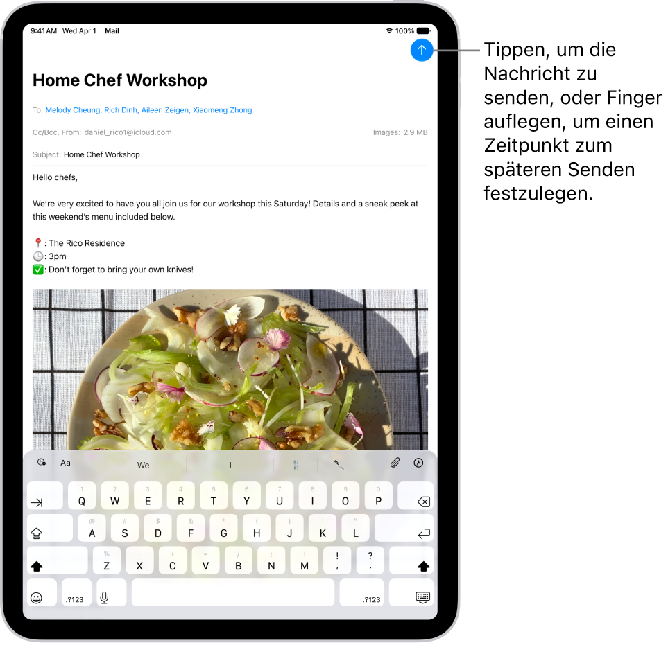 Ein E-Mail-Entwurf ist in der App „Mail“ geöffnet. Die Taste zum Senden der Nachricht befindet sich in der rechten oberen Ecke. Tippe darauf, um die Nachricht zu senden, oder lege den Finger darauf, um einen Zeitpunkt für späteres Senden festzulegen.