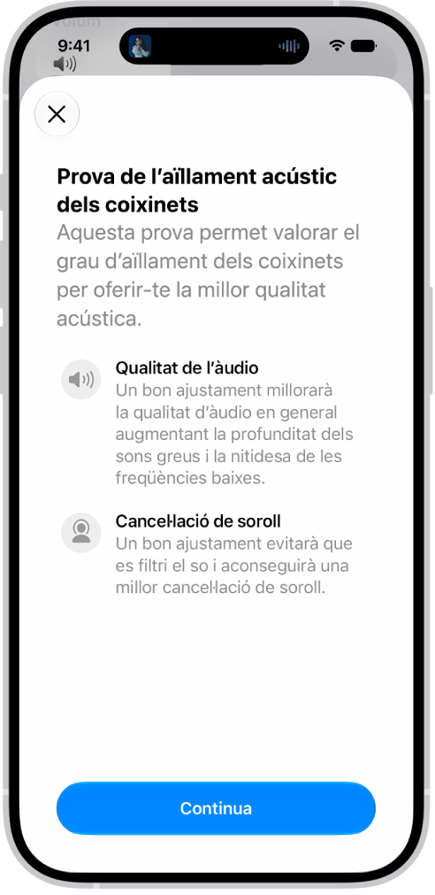 A la pantalla d’un iPhone es mostra una prova per mesurar l’aïllament acústic dels AirPods&nbsp;Pro&nbsp;3.