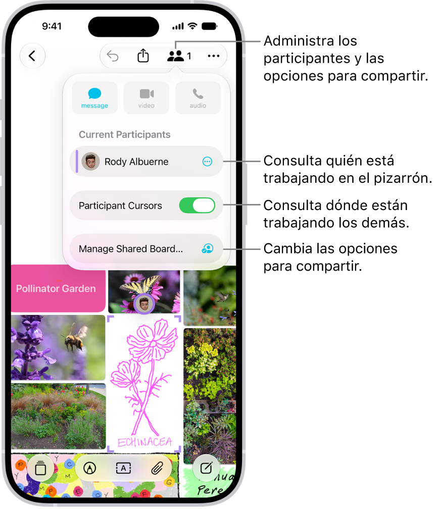 Un pizarrón compartido de Freeform en el iPhone con el menú de colaboración abierto.
