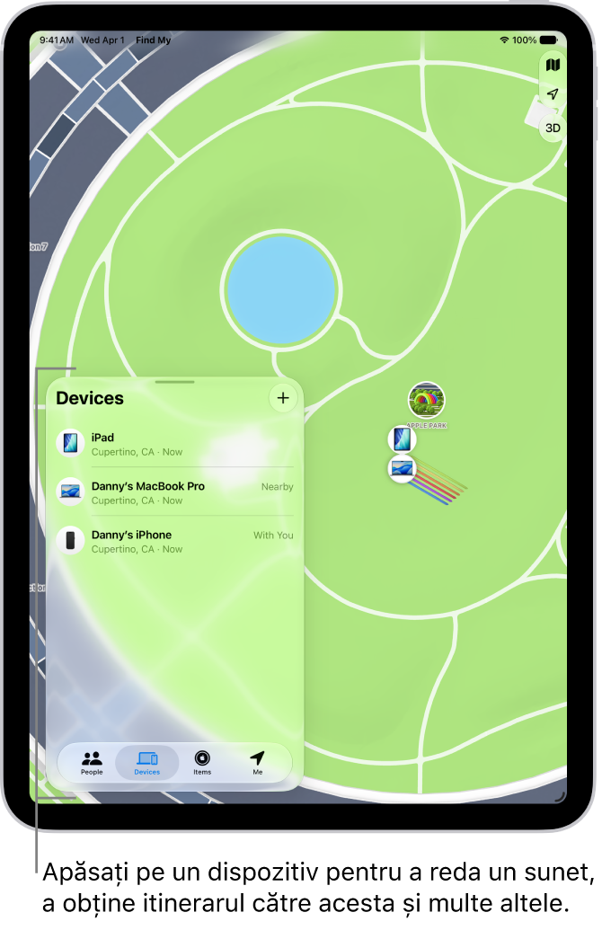 Ecranul Găsire deschis în lista Dispozitive. Dispozitivele listate includ iPad - Daniel, iPhone - Daniel, Apple Watch - Daniel și AirPods Pro - Daniel. Localizările lor sunt afișate pe o hartă în apropiere de Santa Cruz.