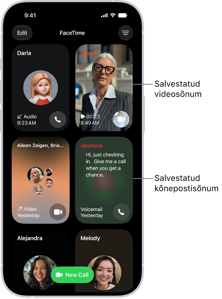 FaceTime’i kõneajalugu, kus on soovitatud kontakt, salvestatud videosõnum, kõnepostiteade ja Group FaceTime’i videokõne.