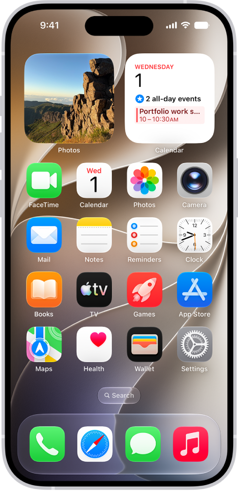 L’écran d’accueil avec plusieurs icônes d’app, notamment l’icône de l’app Réglages, que vous pouvez toucher pour modifier le volume, la luminosité de l’écran et d’autres réglages de votre iPhone.