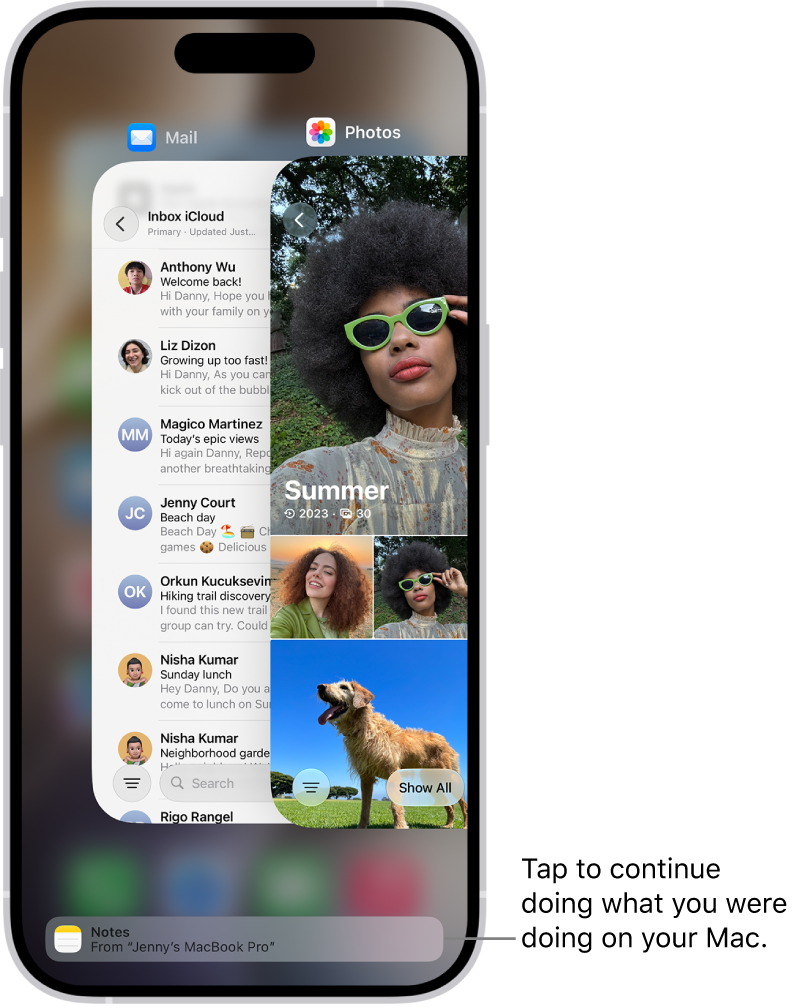 The App Switcher on iPhone showing a handoff notification at the bottom of the screen.